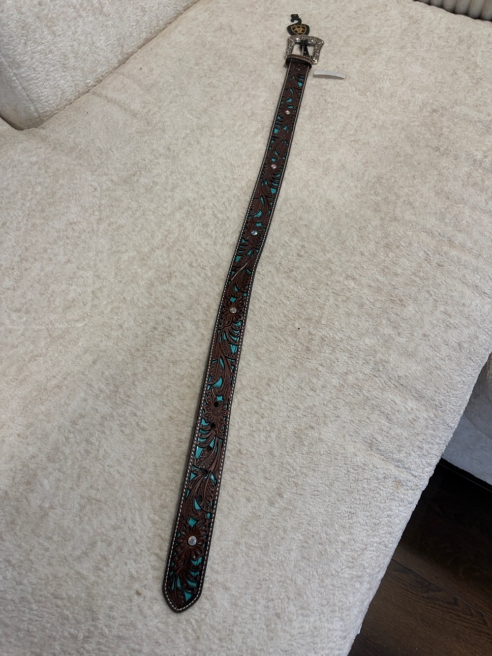 Ariat Brown Leather Belt with Turquoise Accents and Decorative Buckle